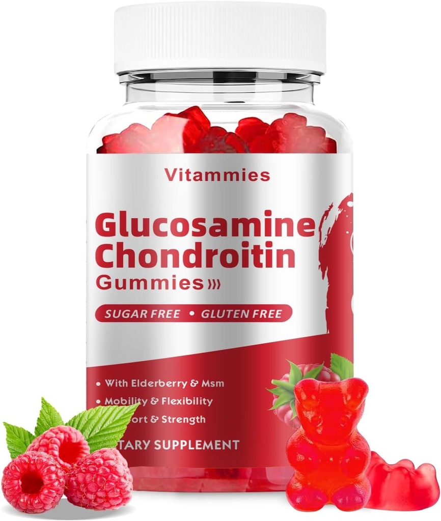 Glucosamin Chondroitin Gummies dengan MSM & Elderberry Ekstra Kekuatan - Dukungan Bersama, Dukungan Ammuniune Antioksidasi untuk Dewasa, Pria & Perempuan, Minemensia, koenzim Q10, DHA - 60 Raspberry Gummies