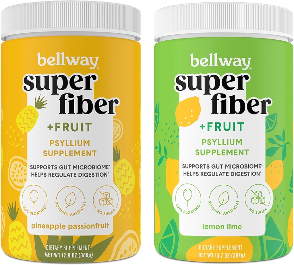 Bellway Super Fiber Powder + Fruit, Sugar Free Organic Psyllium Husk Powder Fiber supplement for regularity, Bloating Relief & Gut Health, Non-GMO, Pineapple Passion Fruit " Lemon Lime