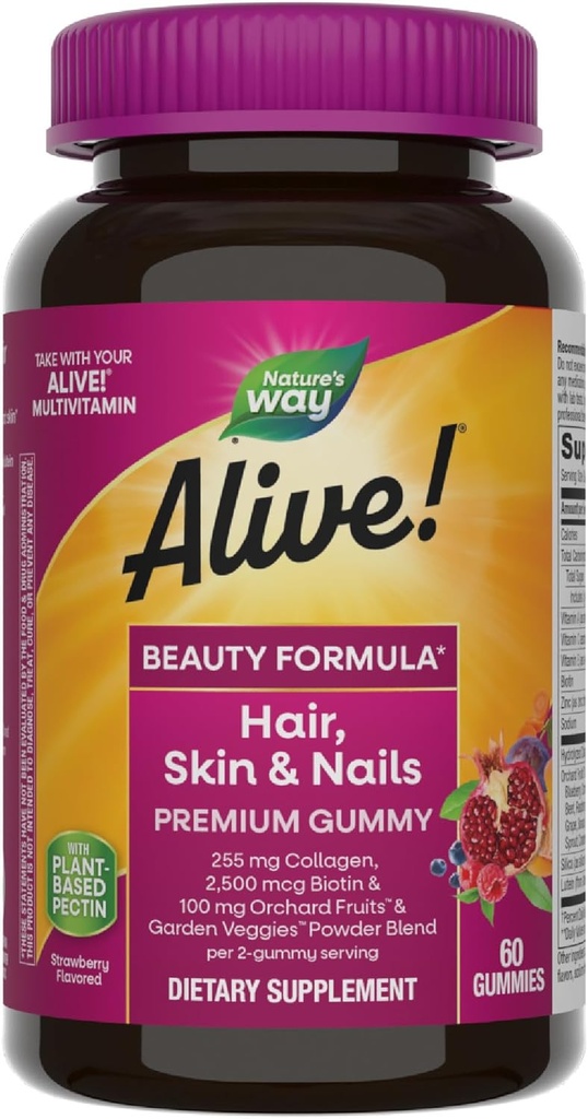 O camiño da natureza vivo. Cabelo, Skin & Nails Gummies Premium, Fórmula de beleza*, con coláxeno, Biotina, Vitaminas C & E, Strawberry Flavored, 60 Gummies