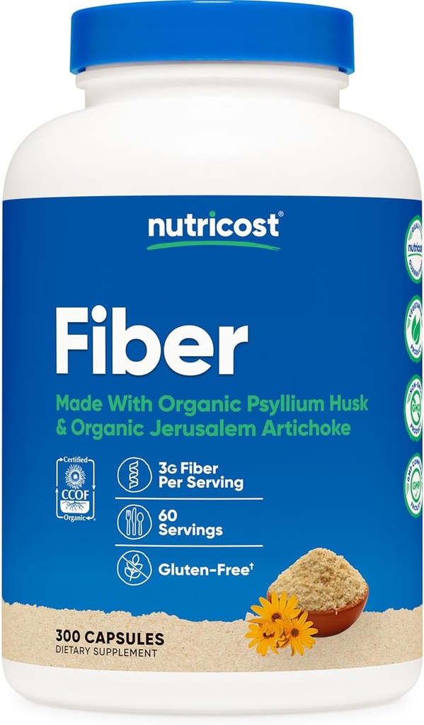 Cápsulas de fibra de nutricosto com Prebiótico Suplemento de Fibra 300 Cápsulas - Feito com Psyllium orgânico Husk & Orgânico Jerusalém Alcachofra, 60 Servings, Gluten Free, 3 G por serviço