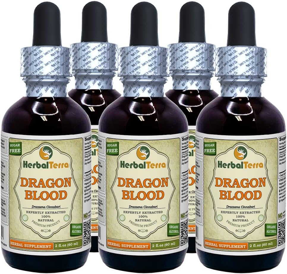 Dragon Blood Resin (Daemonorops Draco) Tinktur, tørket Resin flytende ekstrakt (merkenavn: HerbalTerra, stolt laget i USA) 5x2 fl.oz (5x60 ml)