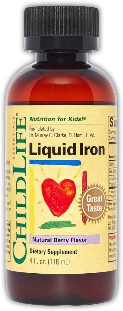 CHILDLIFE Essentials Liquid Iron for Kids - Желязо добавки Капки за дете и бебе, Gluten Free - Natural Berry, 4 Fl Oz
