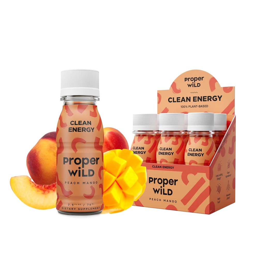 Proper Wild Vegan Energy Shots, mit L-Theanin, und Bio Koffein, Clean Plant Based Energy Drink, Gluten-Free, GMO-Free, Dairy-Free, Stevia-Free, Soy-Free, Peach Mango, 2.5 Fl Oz, 6 Pack