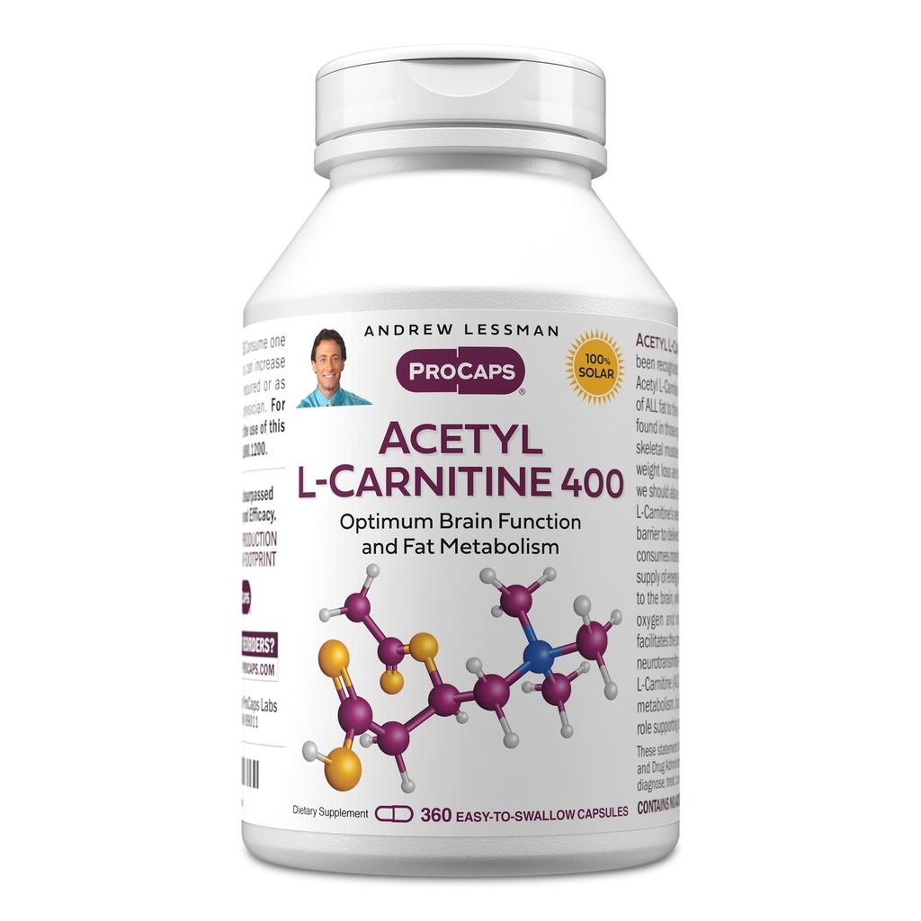 ANDREW LESSMAN Acetyl L-Carnitine 400 mg - 360 Capsules - Support for Nervous System, Fat and Energy Metabolism, Healthy Brain Function, Healthy Blood Flow to The Brain. Easy-to-Swallow Capsules.