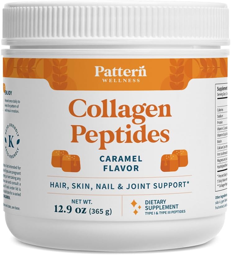 Pattern Wellness Collagen Peptides Powder(第I & III型) - 发型,钉子,皮肤和联合支持 - 草药和草药-射线 - 水解,非GMO,乳品自由, & Keto-Friendly - Caramel(13 Oz)