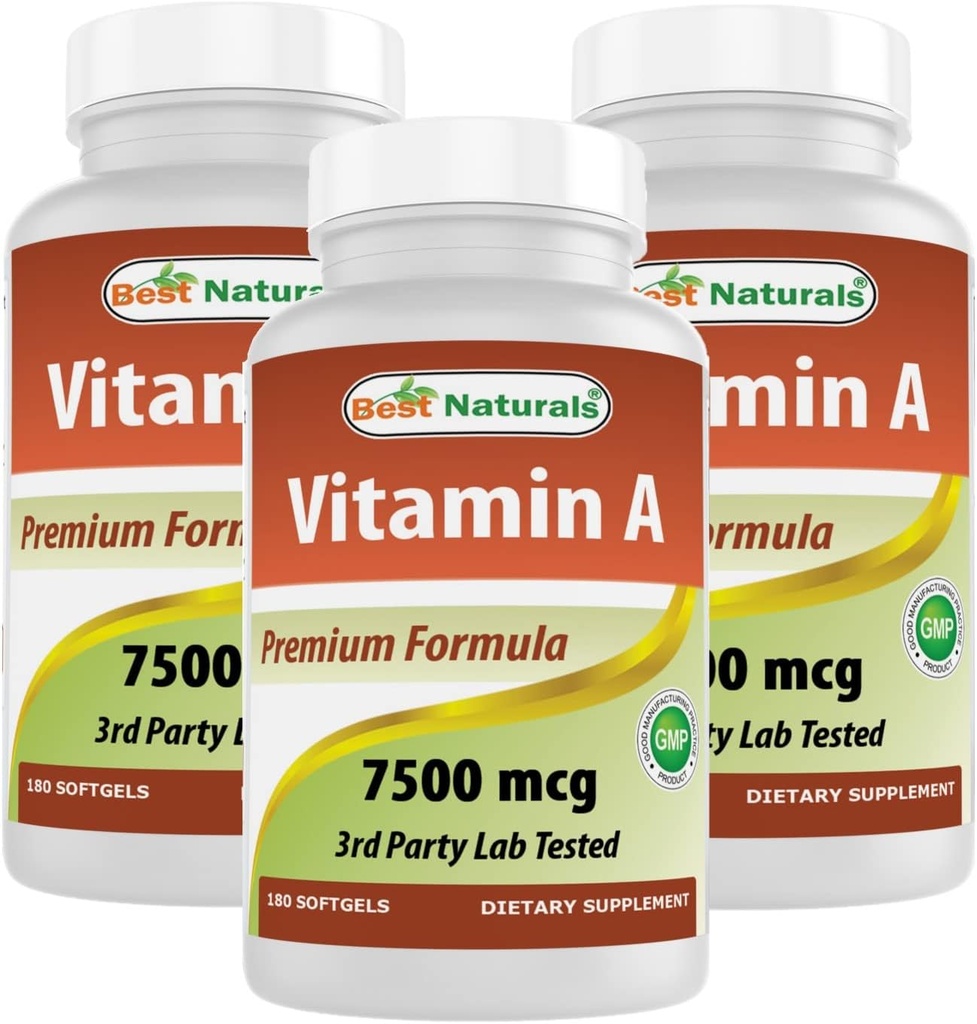 Beste Naturals Vitamin A 25000 IU (7500 mhg), ikke-GMO Formula støtter sunn visjon og immunsystem og sunn vekst og reproduksjon, 180 Softgels (180 count)