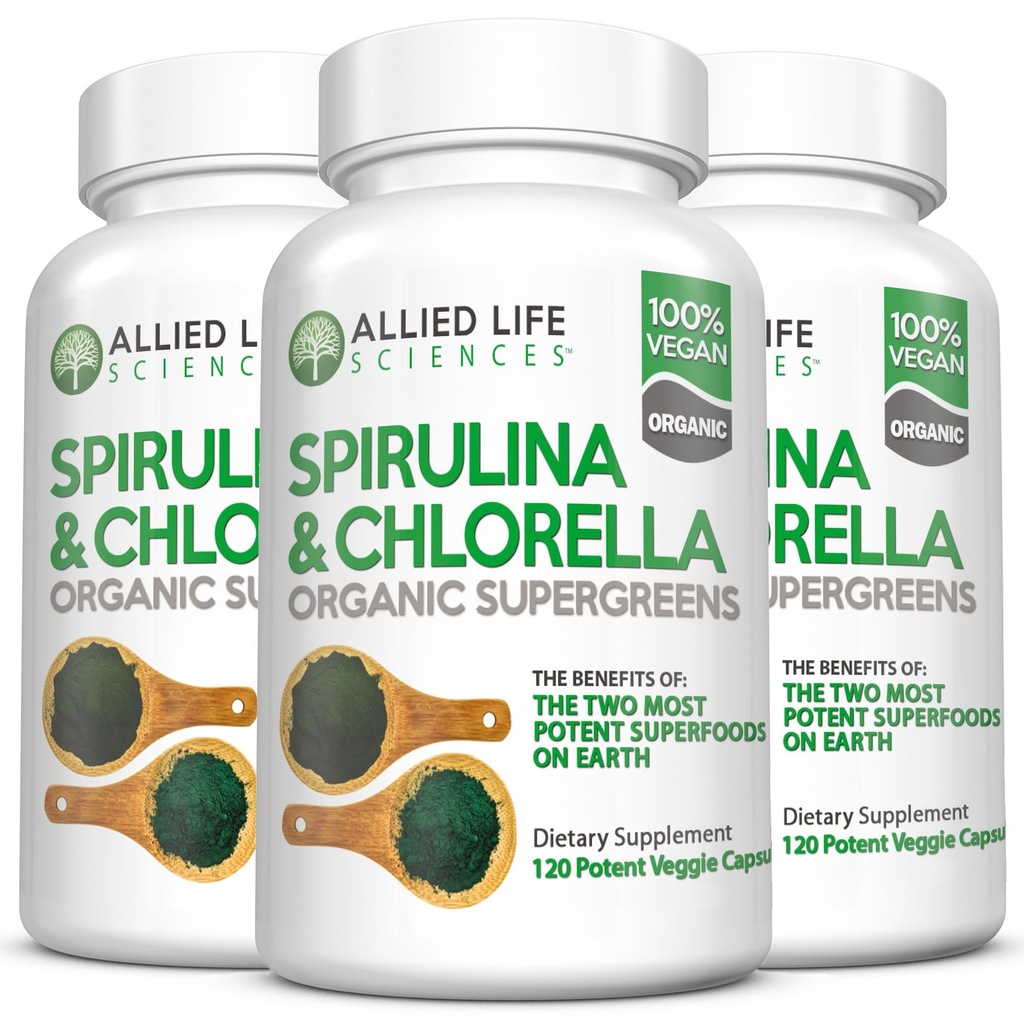 Allied Life Spirulina and Chlorella | Organic Chlorophyll Vegan Protein Powder Green Superfood Capsules | Natural Immune Support (3 Bottle Pack)