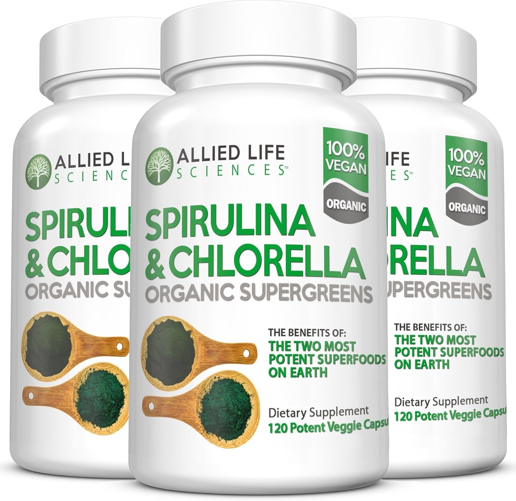 Vida Aliada Espirulina y Clorella ANTE Clorofila orgánica pólvora verde pólvora de proteínas cápsulas Superalimentación  durable Apoyo Natural Inmune (3 Bottle Pack)