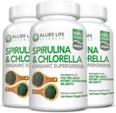 Allied Life Spirulina and Chlorella | Organic Chlorophyll Vegan Protein Powder Green Superfood Capsules | Natural Immune Support (3 Bottle Pack)