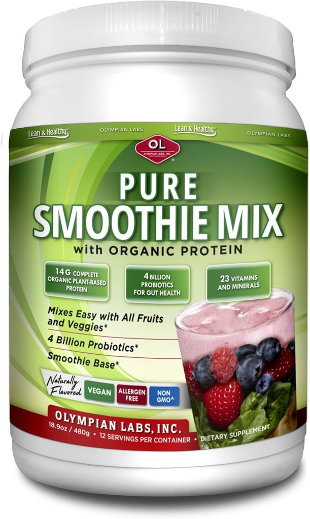 Olympian Labs Pure Smoothie Mix, Pea Protein Powder Plus Probiootit, Vitamiinit, Mineraalit, CLA, & Pellava siemen.