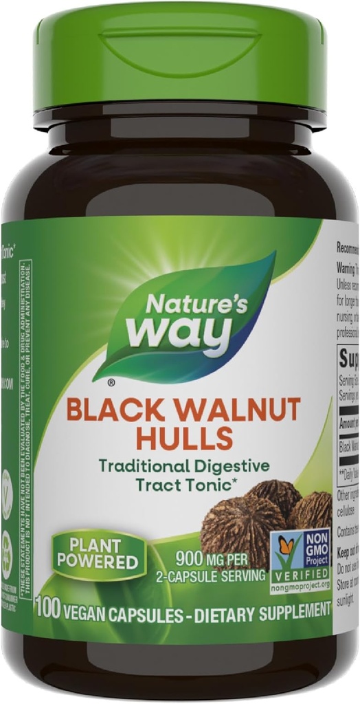 Nature's Way Black Walnut Hulls, Traditional Digestive Tract Tonic*, 2-Capsule 서빙 당 900 mg, Non-GMO Project Verified, Vegan, 100 캡슐 (패키지 May Vary)