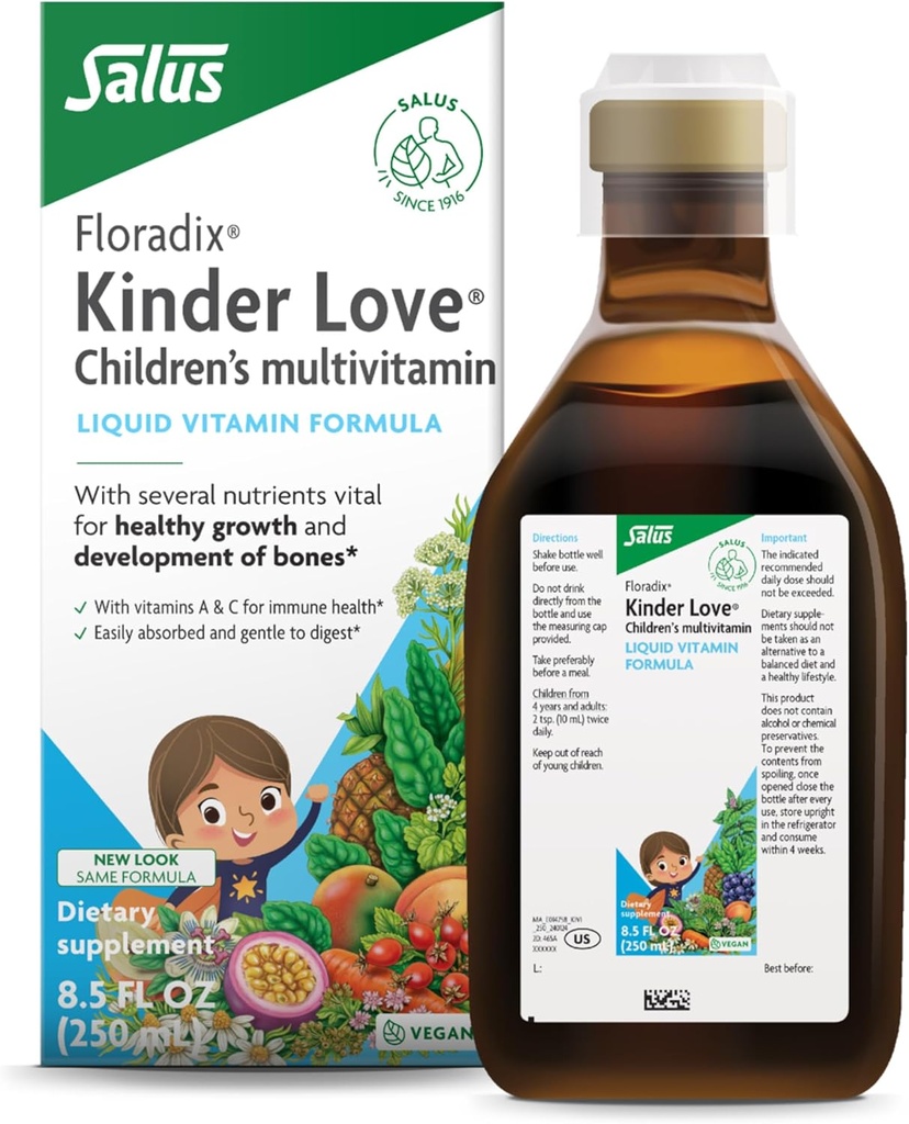 Floradix Kinder ljubezen otroški multivitamin - zeliščni dodatek - tekoči multivitamin za otroke - vitamini A, C, D & E, kalcij & več - vegetarijanski, ne-GMO, gluten-free - 8,5 fl oz