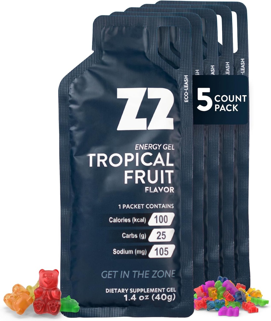 Z2 Tropical Fruit Energy Gel Performance - 25g Carb, 105mg Sodium, Electrolytes, Pre & Durante l'allenamento, Boosts Endurance for Running, Cycling, Biking e Sport - 5-Count Pack