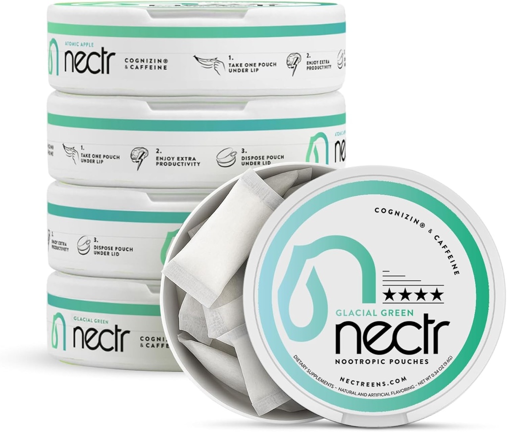 Nectr Energy Nootropic Pouches — Glacial Green Wintergreen Caffeine Pouches with Cognizin Citicoline. مُعاملات مخية خالية من السكر. Smooth, Sustained Focus ' Energy supplement - 5 Pucks of 16pcs