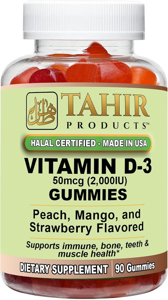 Tahir Halal Vitamin D3 2000 IU Gummies - Stöder ben- och immunhälsa, främjar muskelfunktion, Gluten-Free, Gelatin-Free, 90 Natural Fruit Flavor Gummies, tillverkad i USA - Halal Certified