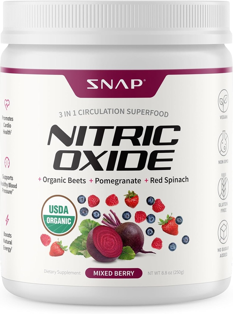 Snap Supplements Orgaaniline peedi juur lämmastikoksiidi pulber - toetab energiat ja tervislikku ringlust, 8,8 oz (30 serveerimist, 1 kuu tarnimist), segatud marja
