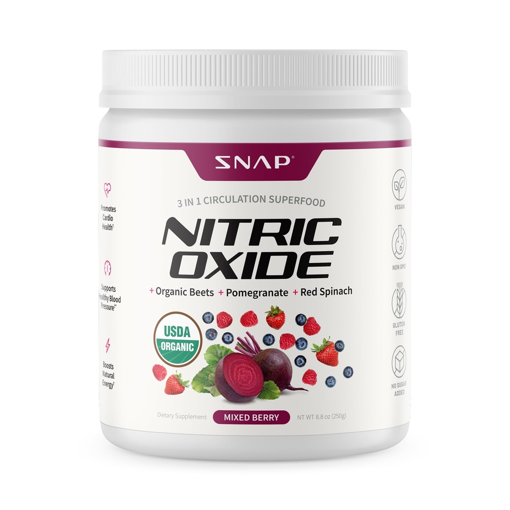 Snap Supplements Organic Beet Root Powder Nitric Oxide Supplement for Men & Women, Red Spinach & Pomegranate, Supports Healthy Energy & Blood Pressure Already in Normal Range, 30 Servings, Mixed Berry