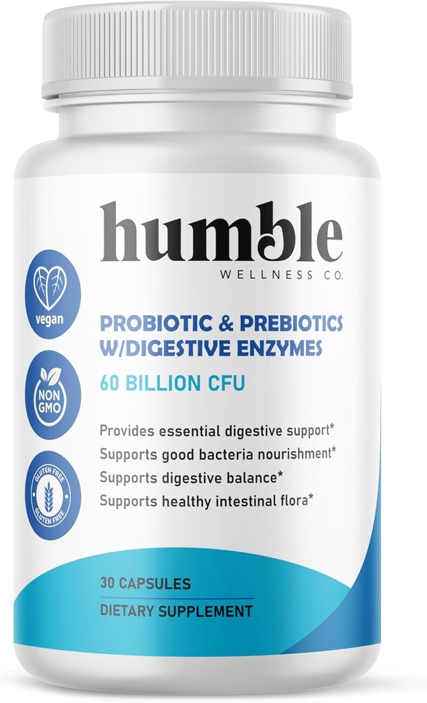 Prebióticos orgánicos + Probióticos Suplemento - 60 Billones CFU, Enzimas Digestivos, Estable de Estante, Made in USA