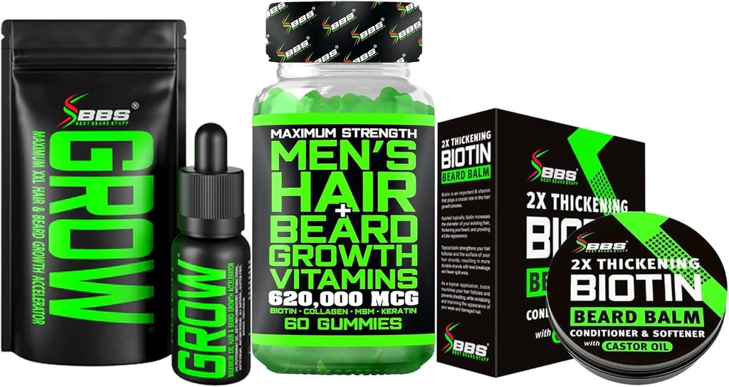 Beard Growth Kit w/ 2X Thickening Biotin Beard Balm for Men &amp; Wax + Grow Mustache Serum " Facial Hair Oil + 14-in-1 Biotin Gummies " Hair Growth Vitamins for Men - Formulated in America