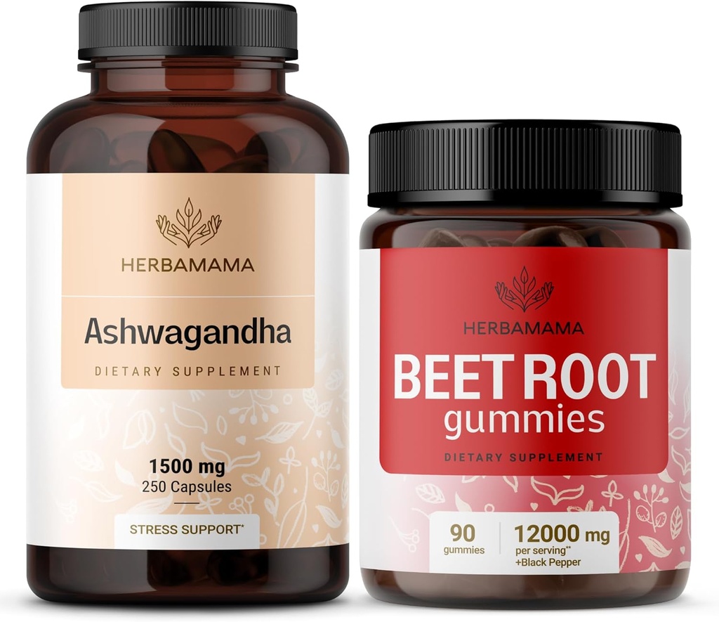 HERBAMAMA Ashwagandha och Beet Root Kit - Bundle av 1500 mg Ashwagandha Root Capsules & 1500 mg Beet Root Gummies - Vegan, Non-GMO, Gelatin-Free - 2 Pack