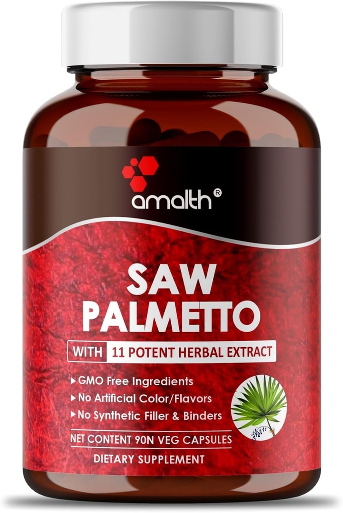 AMALTH Premium Saw Palmetto Capsule- Extra Styrke Formulert med Ashwagandha, Tribulus, Ginger, Maca, Holy Basil and More Natural Prostate Support, 90 Capsule