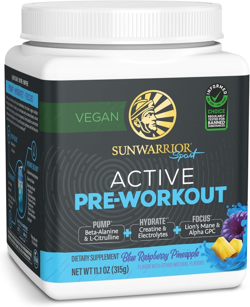 Sunwarrior Pre workout Powder Energy Drink Vegan Plant-pohjainen täydentää Pump, Hydrate, Focus, Endurance, & Strength Builder Sininen Vadelma Ananas Maku 30 Tarjoilut Aktiivinen Esiharjoittelu