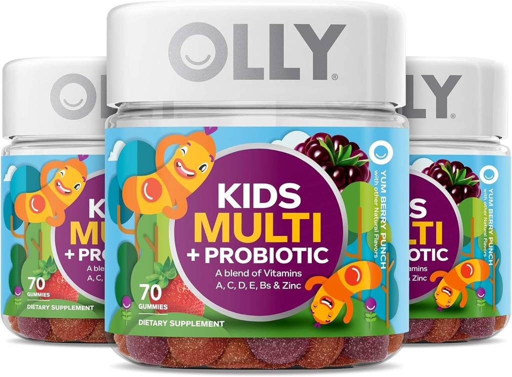 OLLY Kids Multivitamin + Probiotic Gummy, vitaminer A, C, D, E, B, Sink, Probiotika, Chewable Supplement, Berry Flavor, 70 Count (3 Pack)
