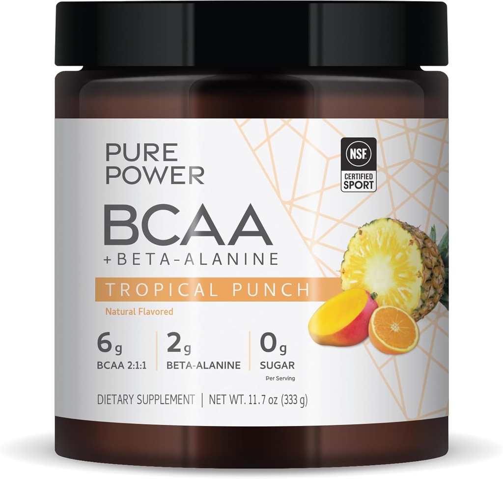 Čista moč BCAA + beta-alanin, tropski okus Punch, 11,7 oz (333 g), 30 servingov, 6g BCAA, 2g beta-alanin, 0g sladkor, ne-GMO, dr. Mercola
