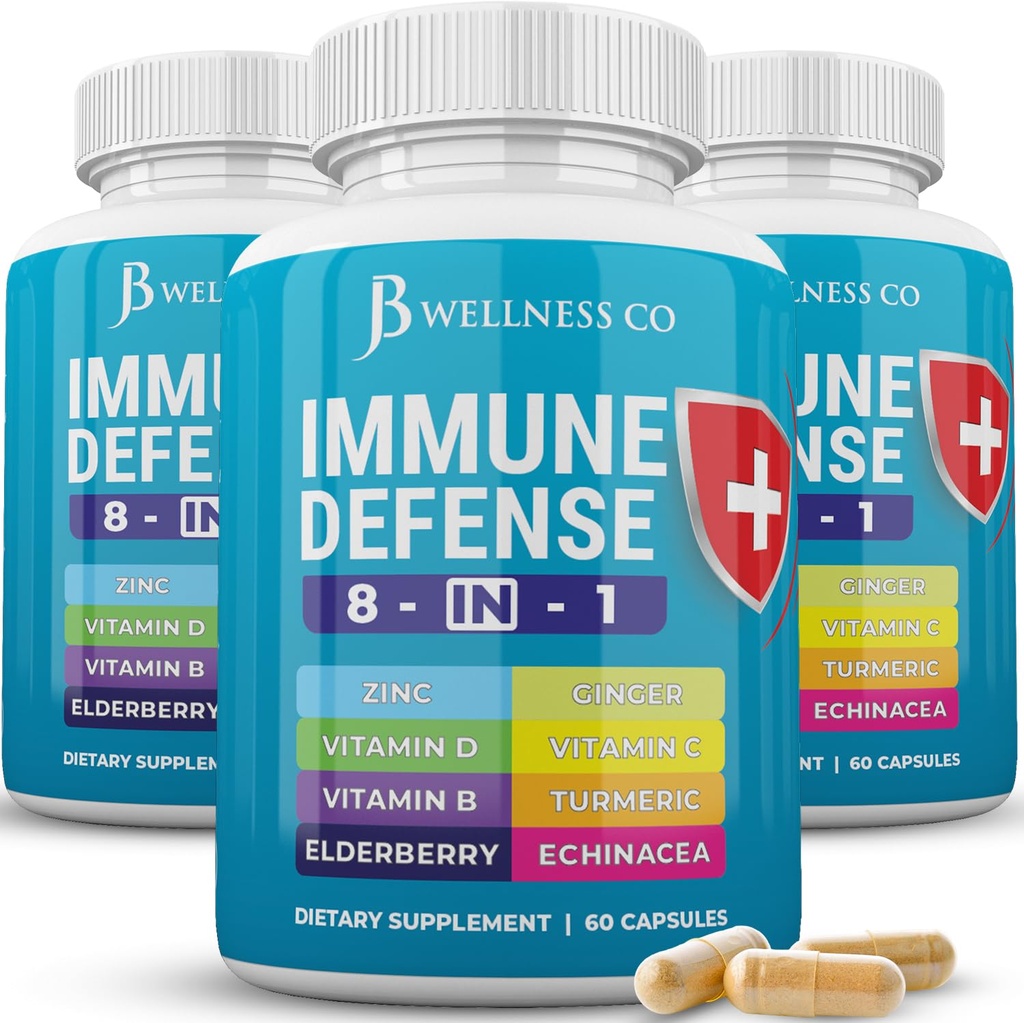 JB Wellness Co Immune Support 8 in 1 Capsules - Zinc Supplement, Vitamin D3, Vitamin C and Elderberry - Immune Booster Supplement with Echinacea, Ginger Root, and Turmeric - [3-Pack, 180 Count]