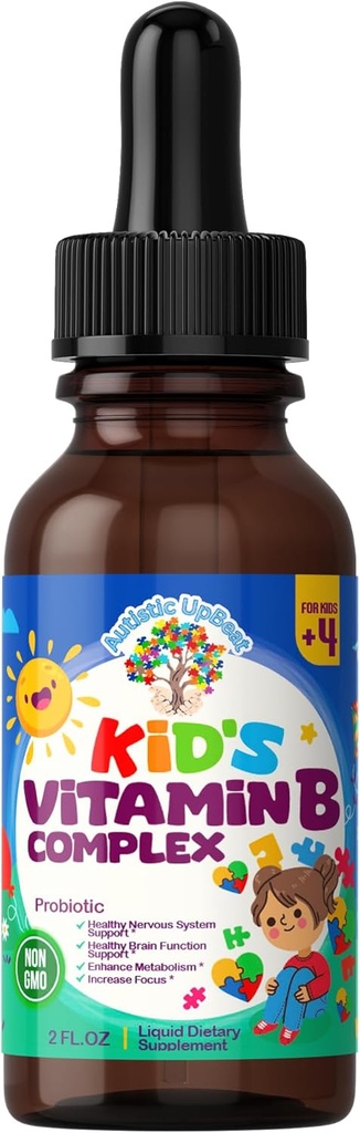 Autistic UpBeat: Kid 's Vitaminas B Complex ® 124; Kid- Friendly Drops ® 124; Unlfavored ® 124; B1, B2, B3, B6, B7, B9 & Metil B12 ® 124; smegenų funkcija, Focus, Metabolizmas ® 124; Kids B Complex Skysti lašai Priedas