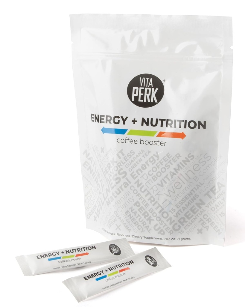 VitaPerk Flavorless Energy Drink Powder - Multivitamin Powder con 15 Vitaminas & Minerales, Green Tea & Guarana for Energy Support, Mejora tu Café, Té, Smoothies &amp; Más - 0.05oz, 30 Stick Packs