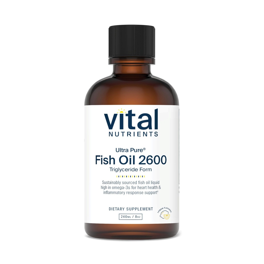 Vital Nutrients - Ultra Pure Fish Oil 2600 (Pharmaceutical Grade) - Hi-Potency Deep Sea Liquid Fish Oil, Cardiovascular Support, Natural Lemon Flavor - 8 Fl Oz per Bottle