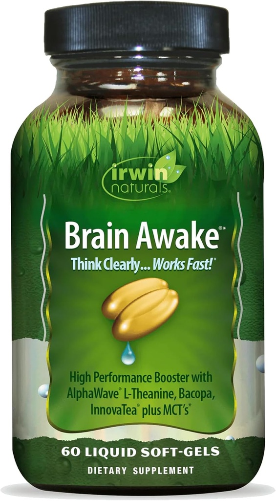 Irwin Naturals Brain Awake - 60 Softgels líquido - rendemento mental mellorado, aumento do foco, claridade e concentración - Impulso nootrópico con L-Theanine, Bacopa, MCTs