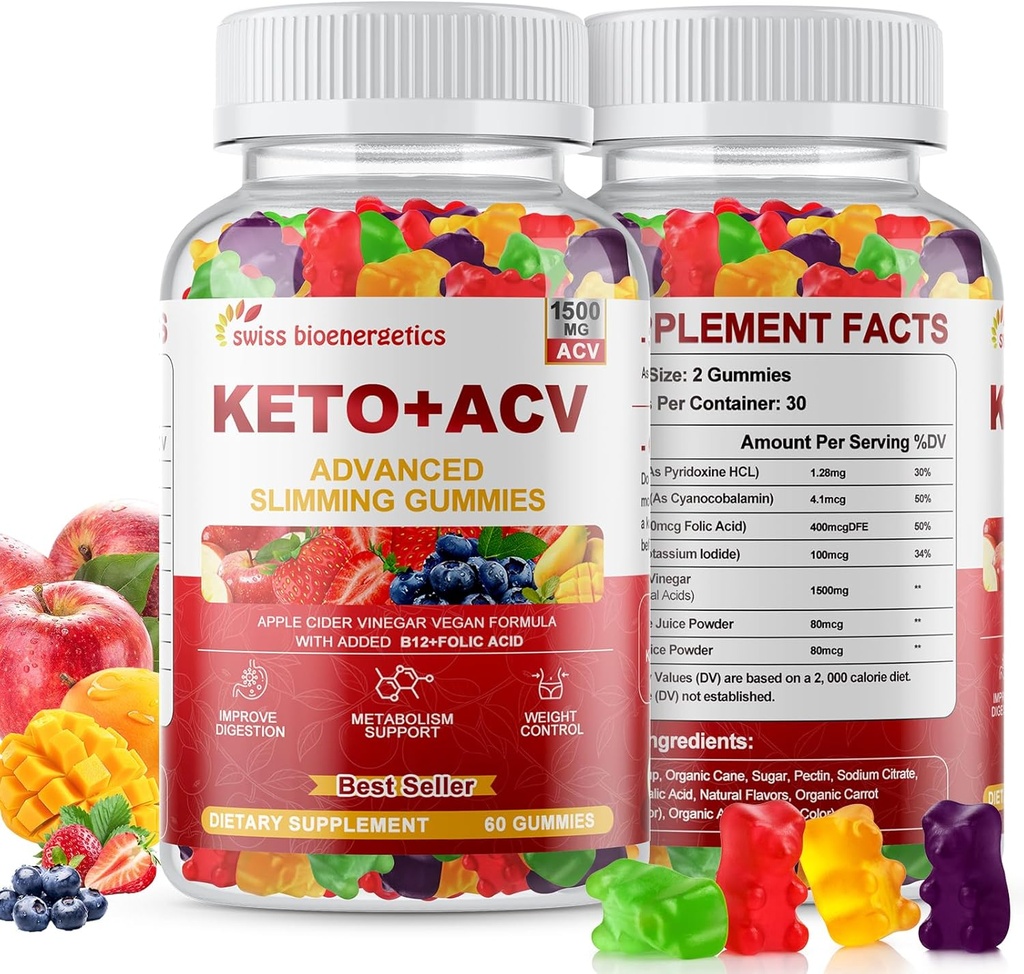 Keto Apple Cider Vinagre Gummies, Keto ACV Gummy Diet Supplement, Advanced 1500mg ACV Gummies com folato, B12, B6 e Keto Suporte para mulheres homens, Gelatina- Livre, Vegan & Non-GMO (Multi-Flavor)