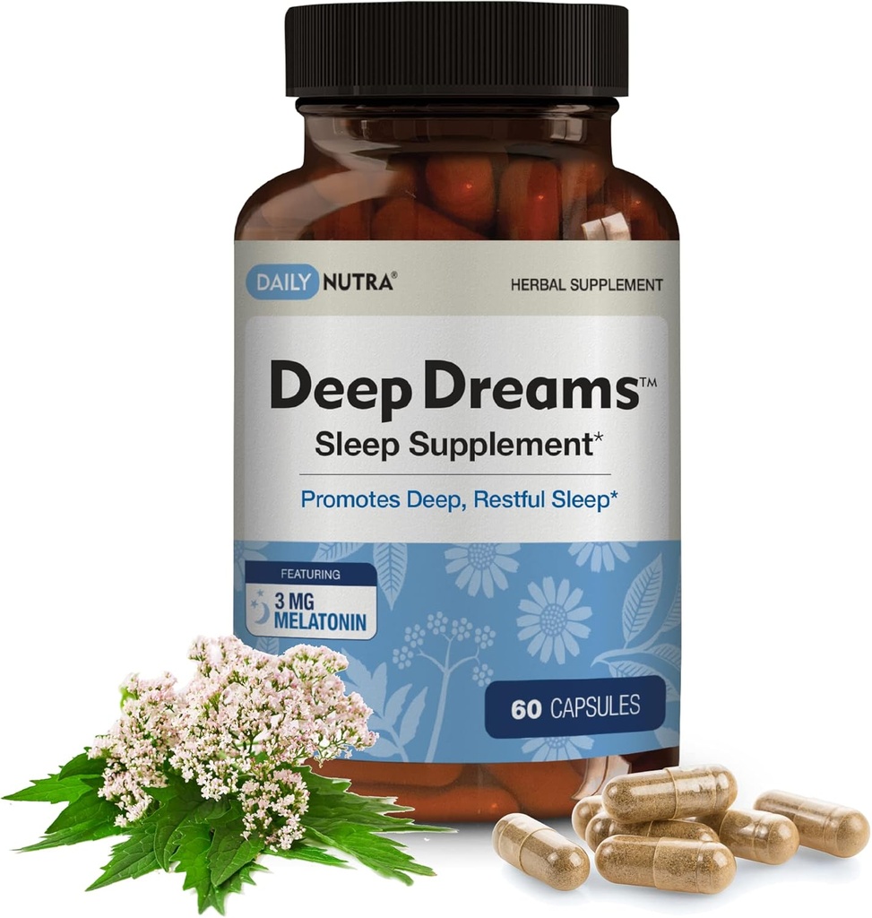 Deep Dreams ~ Natural Herbal Sleep Promoses Deep, Restful Sleep, Non Habit Forming with Melonatin, L-Tryptophan, Valerian, GABA, Chamomile, & Passionflower (60 Capsules)