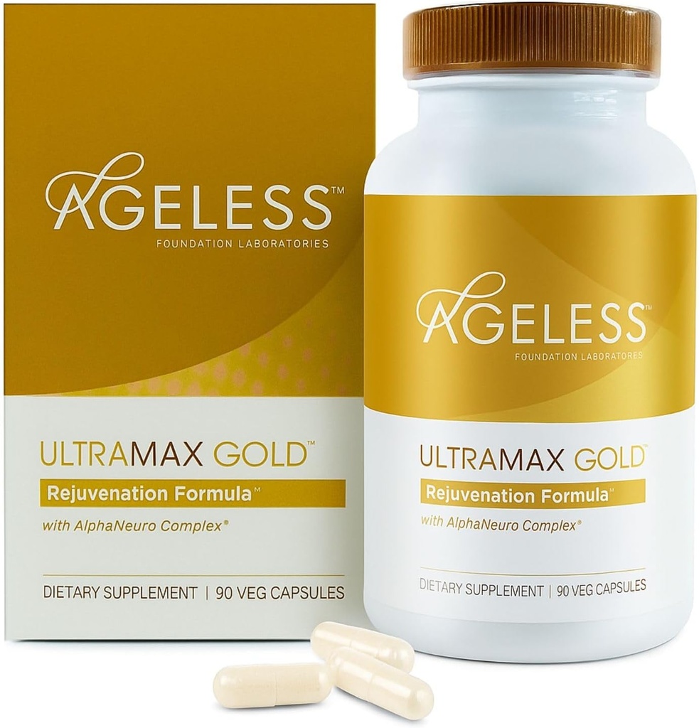 AGELESSTM: UltraMAX GoldTM Capsules, HGH Anti-Aging Supplement for kvinner, Slows Cellular Aging, støtter immunhelse, glattere hudtone og restorativ søvn, vektkontroll, 90 kapsler