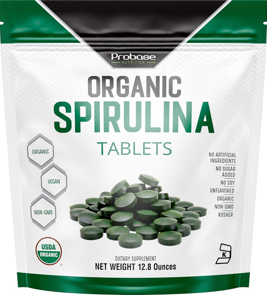 Probase Nutrition, Organic Spirulina Tablets, Premium Spirulina Supplement, Rich in Prebiotics, Protein &amp; Antioxidants TEN 3000 mg Por Serving, 720 Tablets