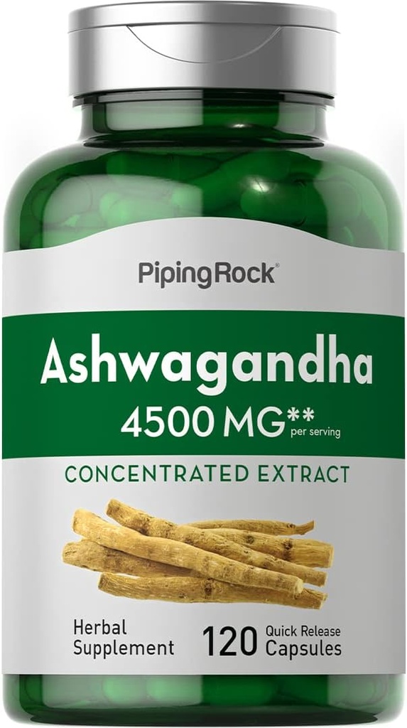 Piping Rock Ashwagandha תוסף | 4500 מ"ג | 120 קפסולות עבור נשים וגברים | Herb Root Extract; with Black Pepper | Non-GMO, Gluten Free