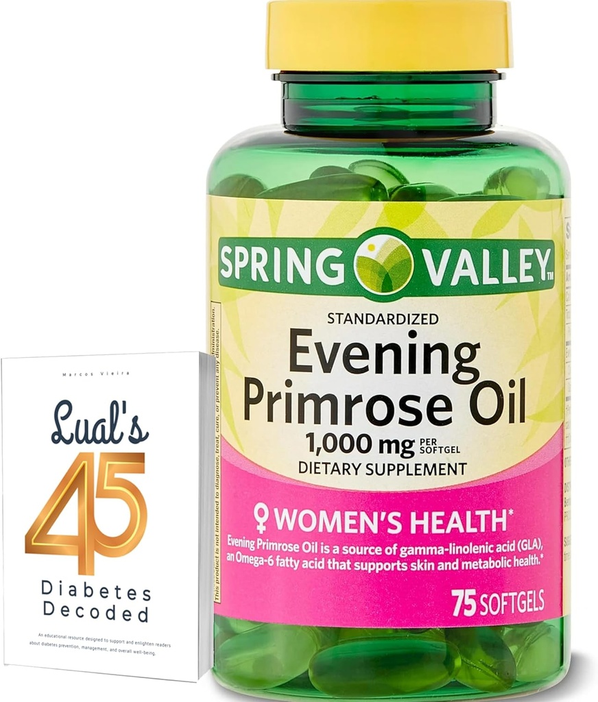 Spring Valley Õhtune Primrose Õli Naiste Tervis Toidulisa Softgels, 1000 mg, 75 Count, Softgels, Õhtune Primrose Õli Kapslid 1000mg Bundle LualL on 45 Diabeet Dekodeeritud