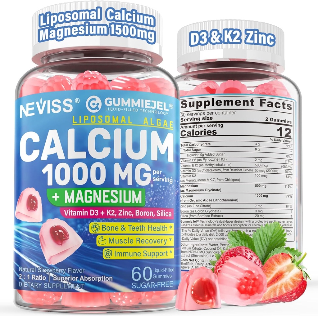 Suplemen Kalsium bagi Perempuan, Pria - Lipomal Kalsium 1000mg Dengan Vitamin D3, Magnesium Glycinate, Zinc, Boron, Silica for Bone Health - Sugar Free Calcium Magnesium Gummies, Vegan, 60 Count
