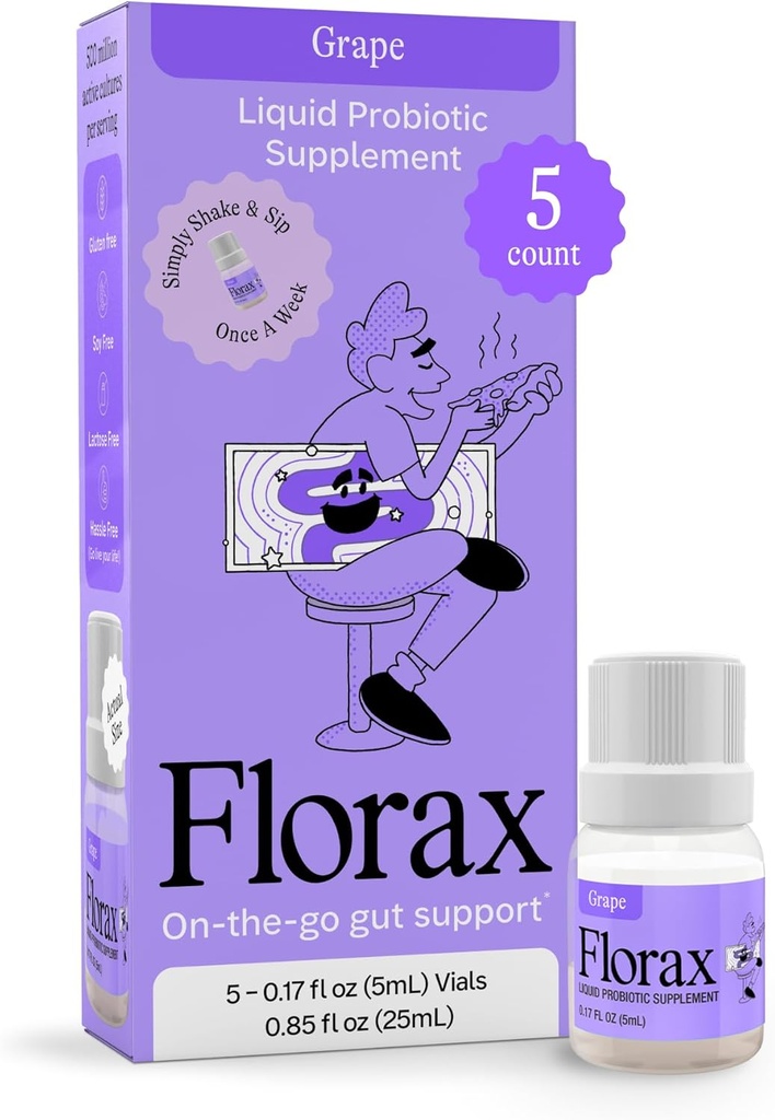Florax - Líquid Probiotic - En l'ús de Gut per a Dones, homes i fills - n Vega, Guten Free, Lactose Free, Soy Free i Preservitiu Lliure - Grape Flavor - 5 Vials