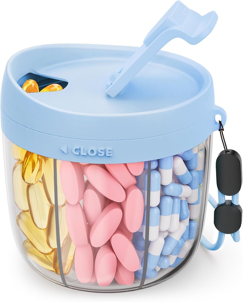 Cute Pill Dispenser 7 suurt komponenti, kaasaskantav Pill Pudeli Korraldaja Laia Avamisega Lihtne Kasutamine, Anti-Mix Pill Korraldaja Reisimiseks, BPA-Free Pill Container, Sinine