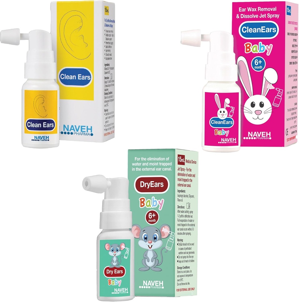 NAVEH PHARMA CleanEars 0, 5 Fl Oz+ NAVEH PHARMA Kuivad kõrvad Baby 0,5 FL OZ + NAVEH PHARMA Otic Guard Baby 0,5 Fl Oz
