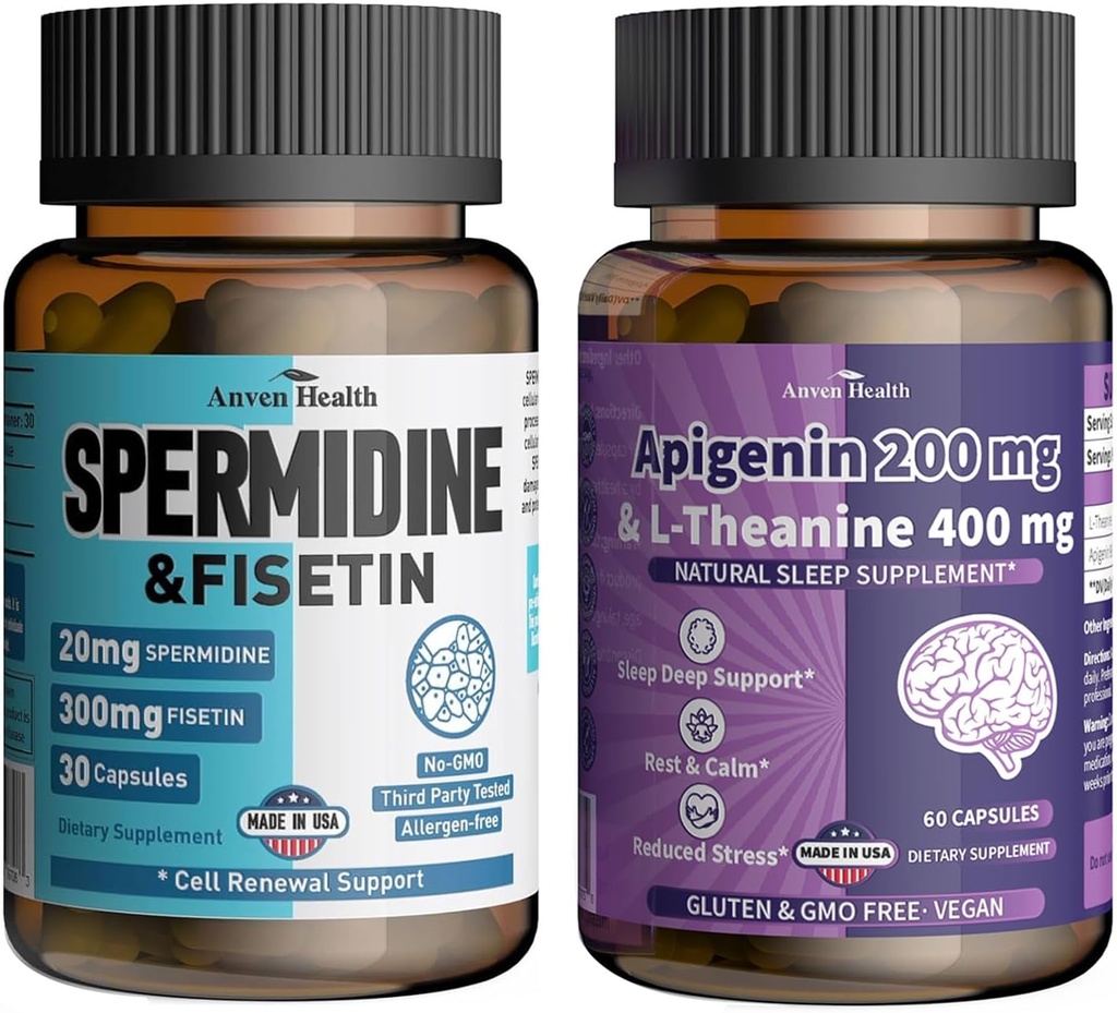 Apigenin 200mg med L-Theanine 400mg + Spermidine 20mg & Fisetin 300mg - Ultimate Relaxation, Longevity & Aging Defense Bundle | Non-GMO, Zero Fillers丨60 Veggie Caps + 30 Caps