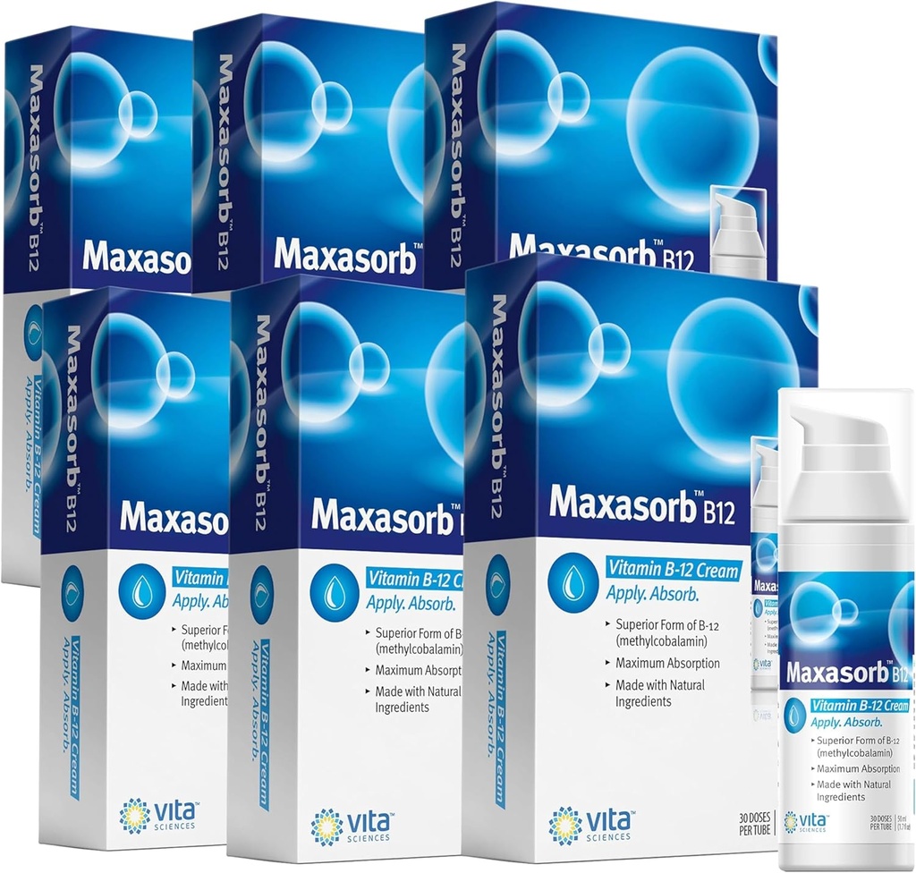 Vita Sciences Maxasorb B12 Vitamina B-12 Cream 1000 mcg: Metilcobalamină topică puternică pentru energie, sănătate și piele strălucitoare - Pachet de 6