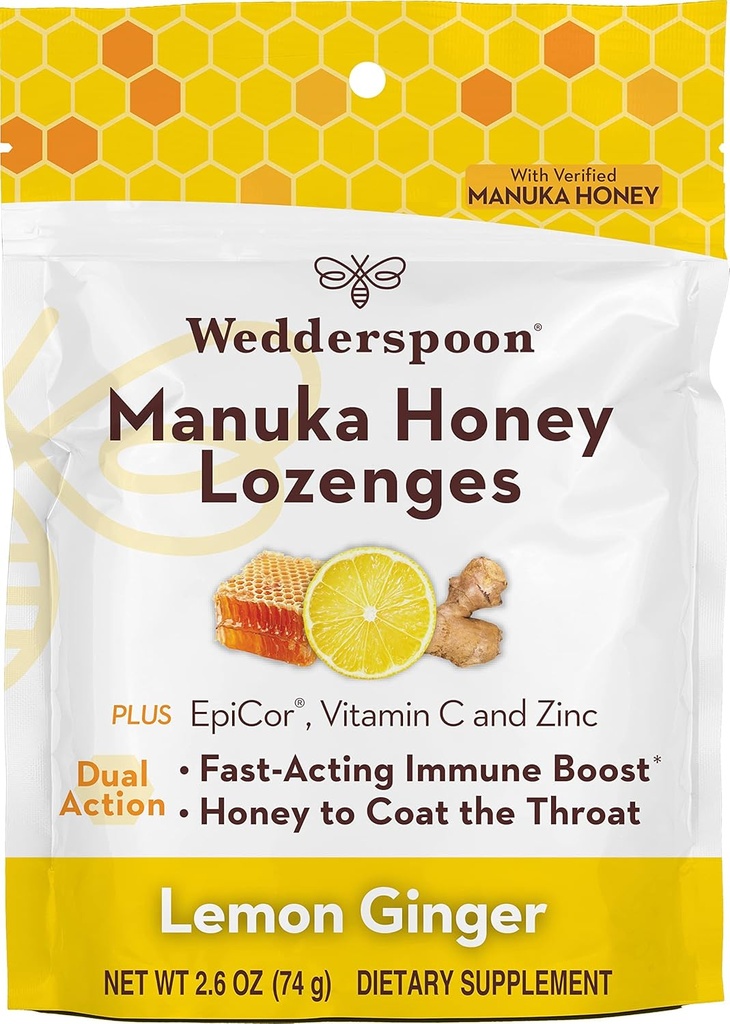 Wedderspoon Manuka Honning Immunity Lozenges, Lemon Ginger, 2.6 Oz (Pack of 1), Ekte New Zealand Honning, Økt immunitet innen 2 timer