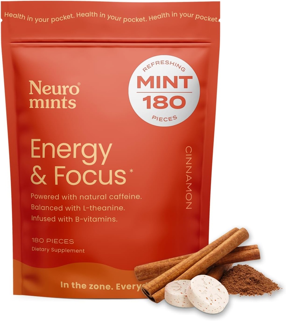 NeuroGum Energy Caffeine Mints (180 Pieces) - Sugar Free with L-theanine + Natural Caffeine + Vitamin B12 & B6 - Nootropic Energy & Focus Supplement for Women & Men - Keto & Vegan, Cinnamon Flavor