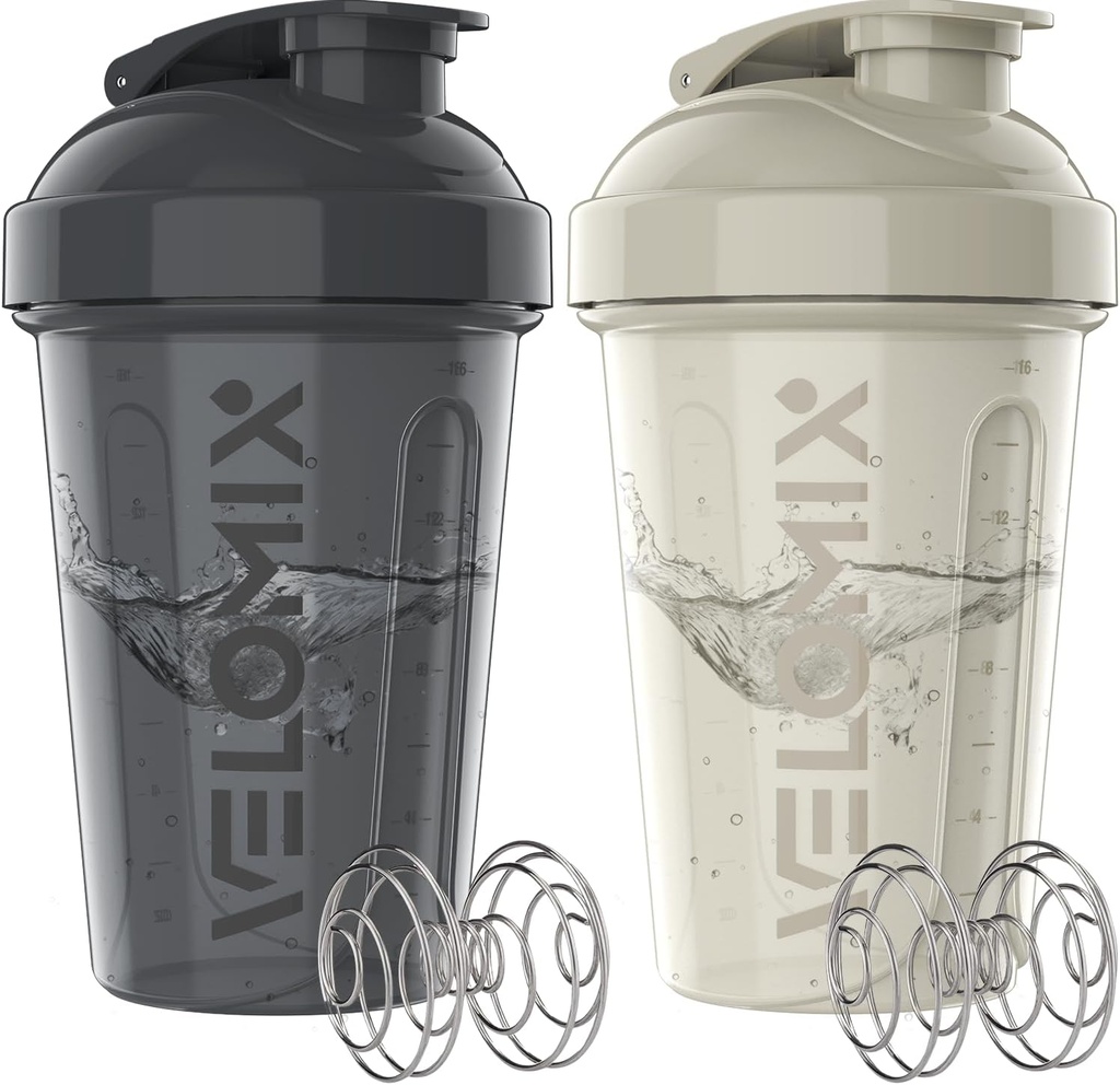 VELOMIX - 2 Pack- 20 oz Protein Shaker Skashers - 2x Wire Wisk isk Clishle Leak cho Protein Shakes và Pre Workout  xét nghiệm đóng chai sữa lắc (Gray/ White)