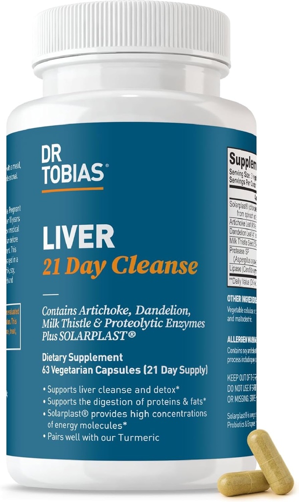 Dr. Tobias Ficat 21 Day Cleanse, Herbal Ficat Detoxifiere cu lapte Thistle, Dandelion Root & Artichoke Extract, Sustine sanatatea si digestia ficatului, 63 Capsule vegetariene