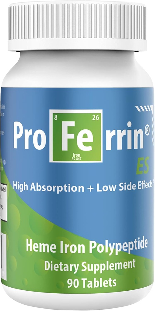 Proferrin ES- 10.5mg of high Absorbing Heme Iron Polypeptide. مصنوعة في الولايات المتحدة 90 طاولة على مهلك ليس متأثراً بالقهوة، والكالسيوم، أو بي بي آي.